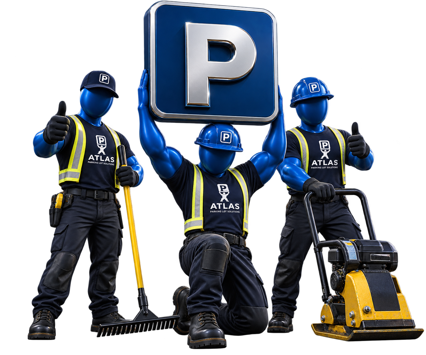 Atlas crew with a parking sign, rake, and plate compacting equipment