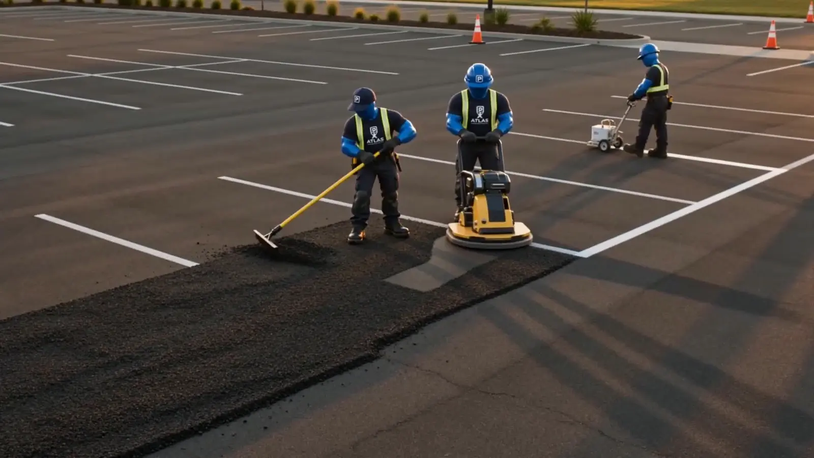 Atlas crew paving and striping a commercial parking lot