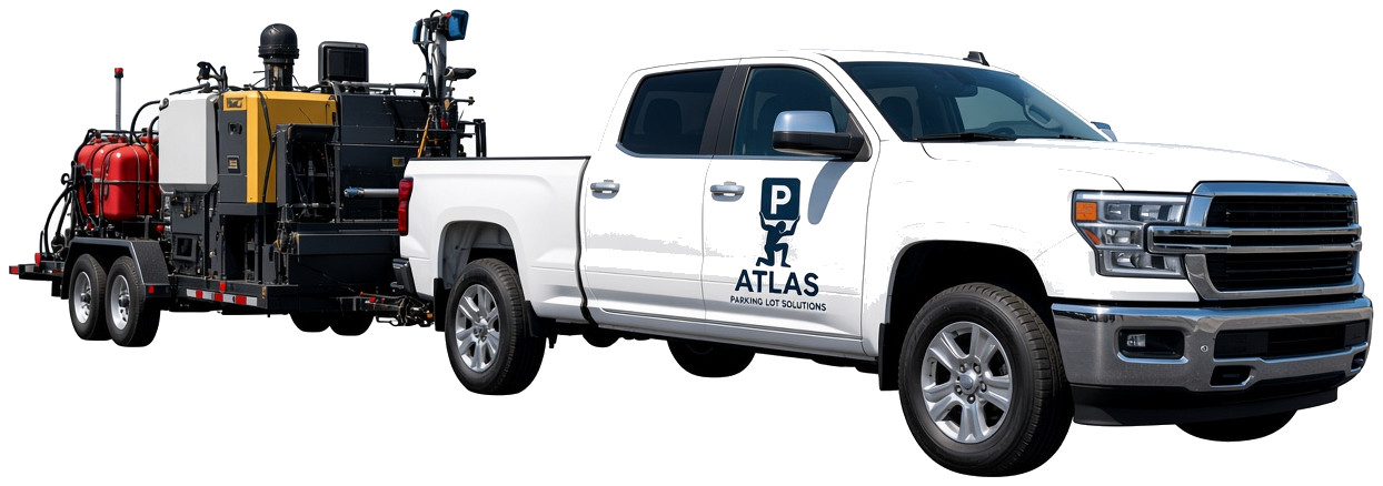 White Atlas Parking Lot Solutions pickup with the Atlas logo on the door, towing paving and striping equipment